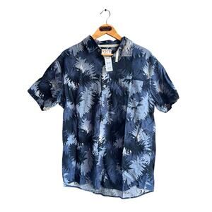 VSTR By Visitor Men's LARGE Blue Hawaiian Leaves Linen Blend Button-up Shirt
